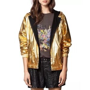 Zadig & Voltaire NWT Koody Metallic Gold Zip Front Hoodie Jacket Size 36/Small